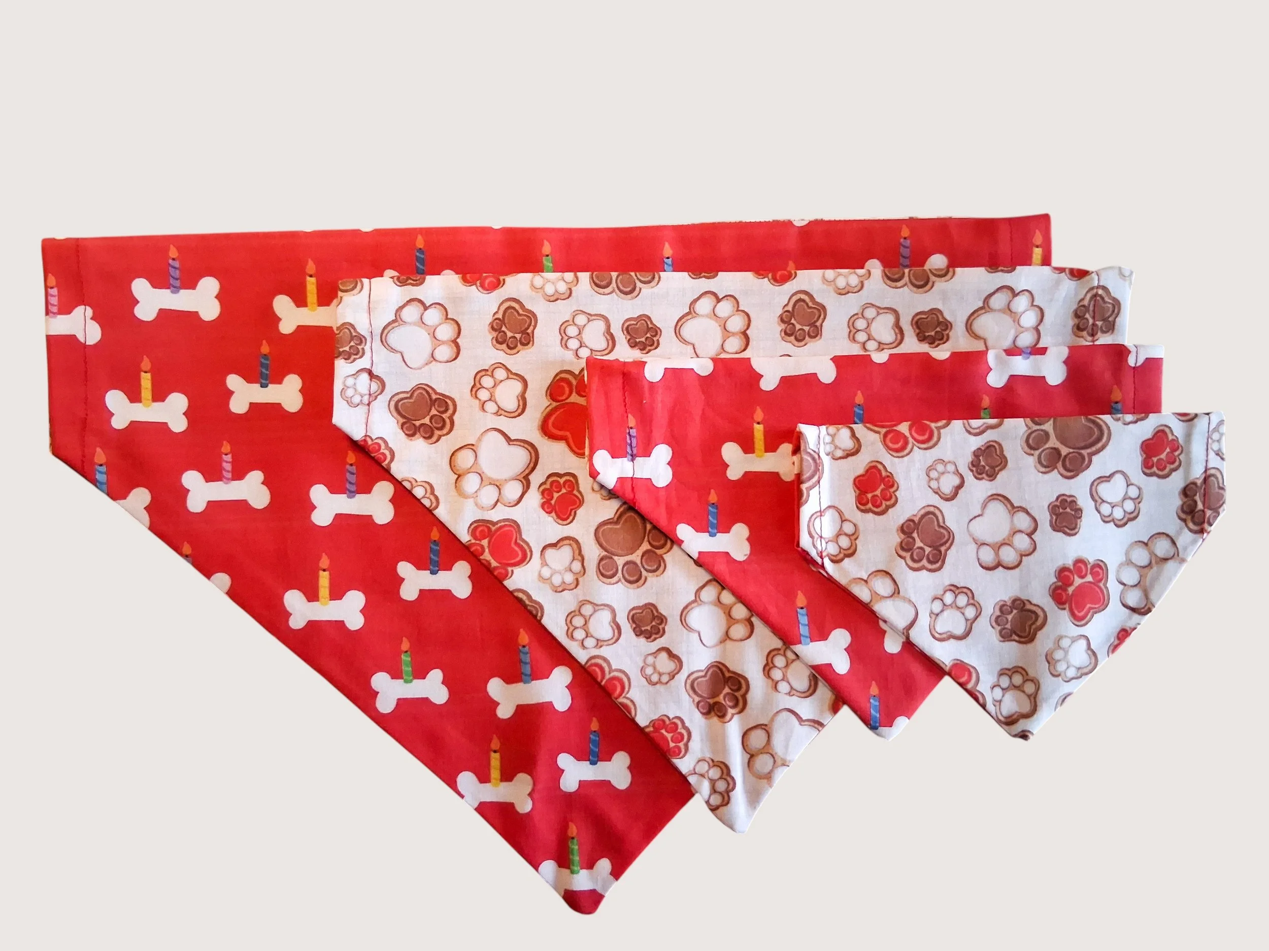 Red & White Dog Birthday Bones & Paw Prints Reversible Over The Collar Bandana