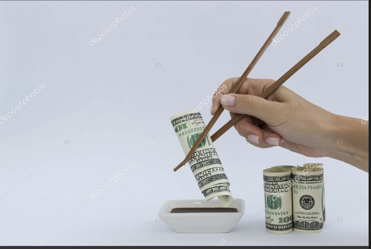 Representação do impacto do food cost e da rentabilidade em restaurantes de sushi, com dinheiro simbolizando margem e controlo financeiro.