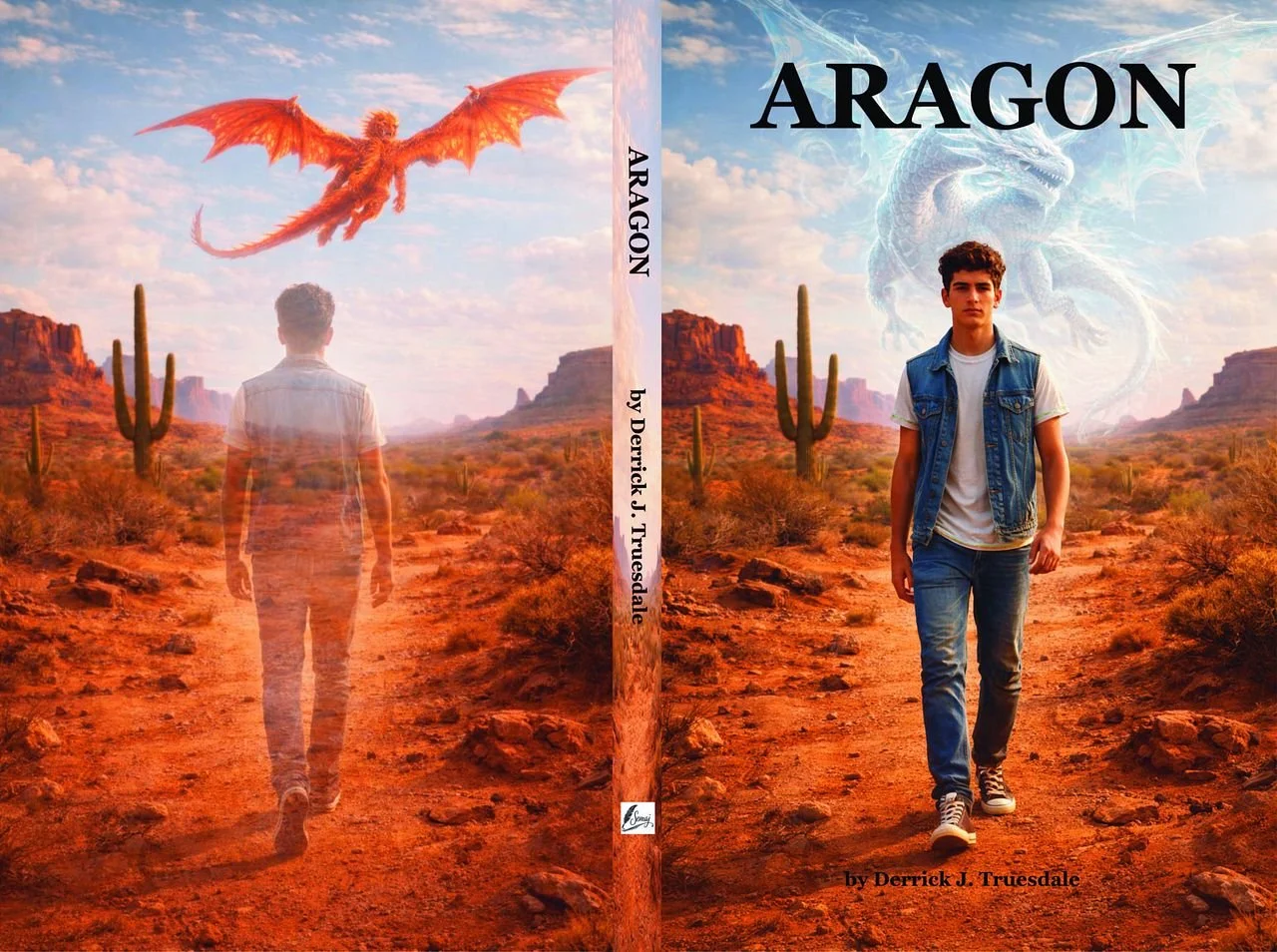 Full book jacket for Aragon by Derrick J. Truesdale. The front shows a young man walking through a red desert with a translucent dragon behind him. The back features a ghostly figure walking away beneath a flying red dragon.