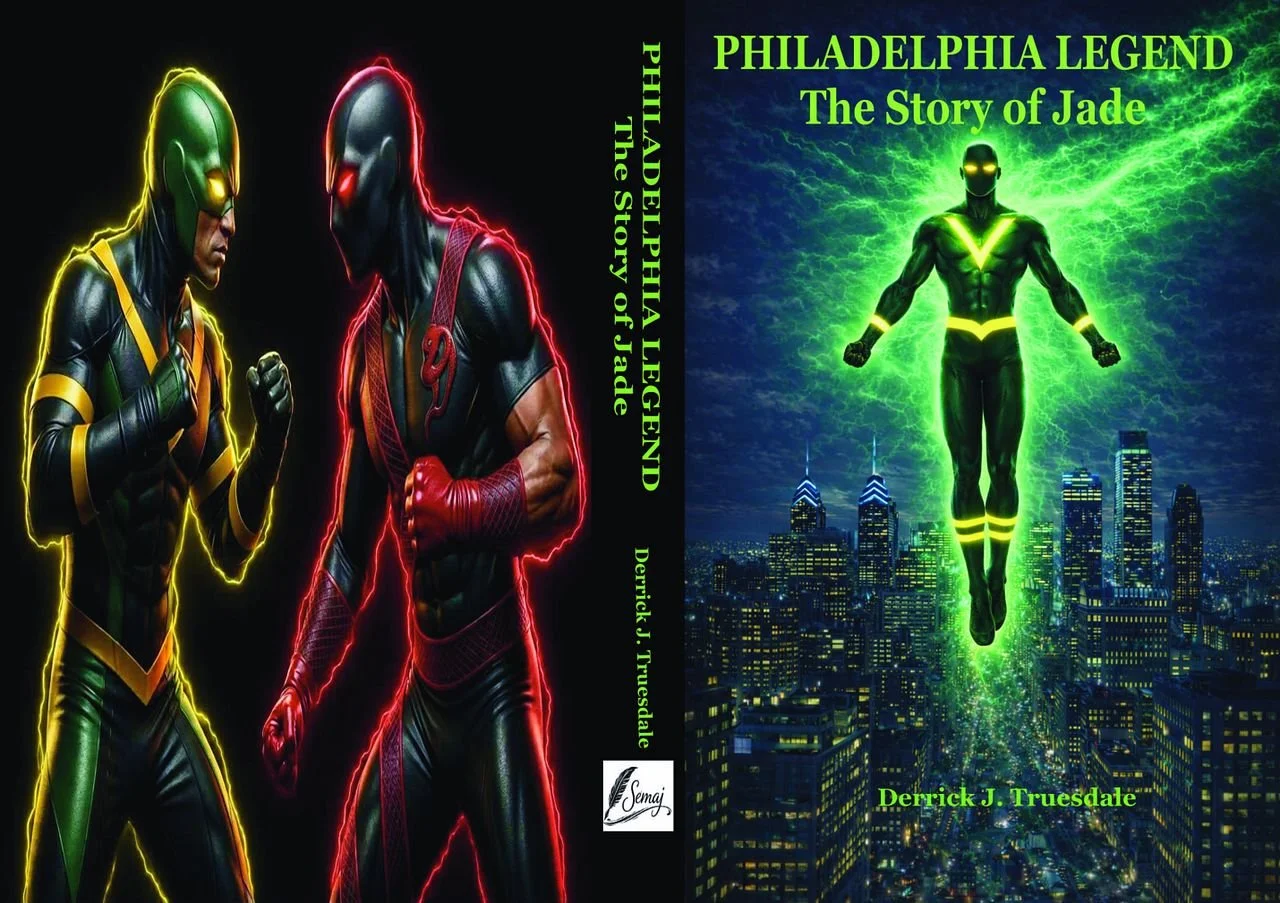 Full book jacket for Philadelphia Legend: The Story of Jade by Derrick J. Truesdale. The back features two costumed figures in green and red, while the front shows a glowing green superhero hovering above the Philadelphia skyline at night.