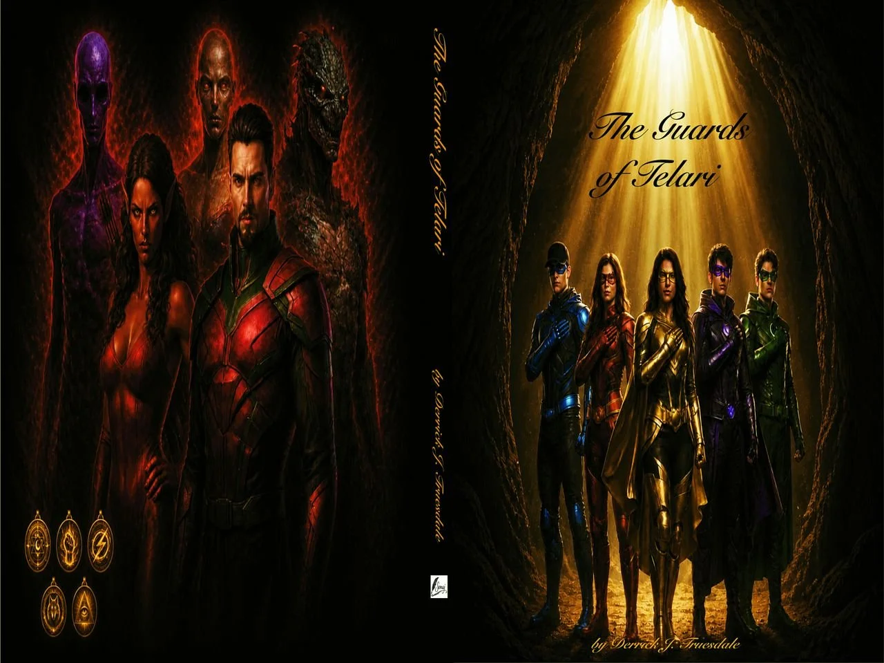 Full book jacket for The Guards of Telari by Derrick J. Truesdale. The front shows five armored heroes standing  beneath a golden beam of light inside a cavern. The back features a group of shadowy armored figures against a dark background.