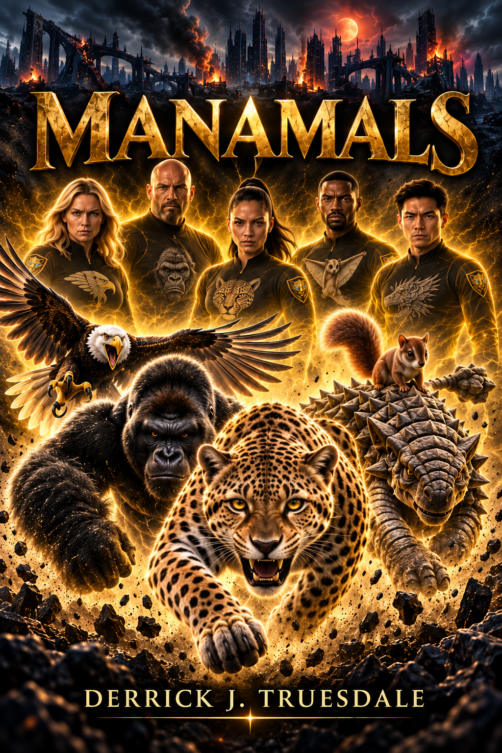 Book cover of Manamals by Derrick J. Truesdale, featuring five human figures above a gorilla, spotted big cat, eagle, and other animals, with a burning futuristic city in the background.