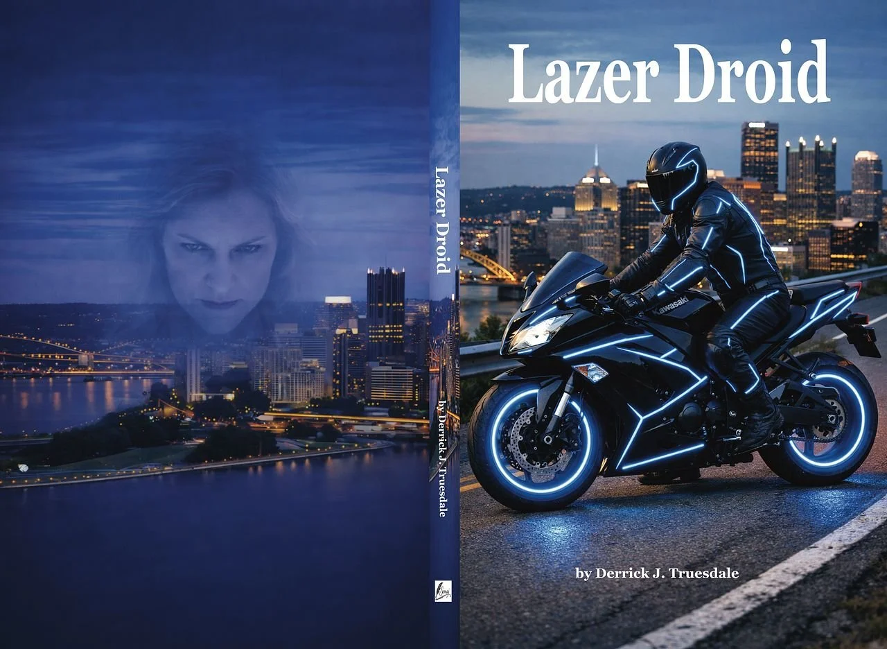Full book jacket for Lazer Droid by Derrick J. Truesdale. The front features an armored rider on a futuristic black motorcycle with glowing blue wheels. The back shows a mysterious woman's face above a nighttime waterfront city skyline.