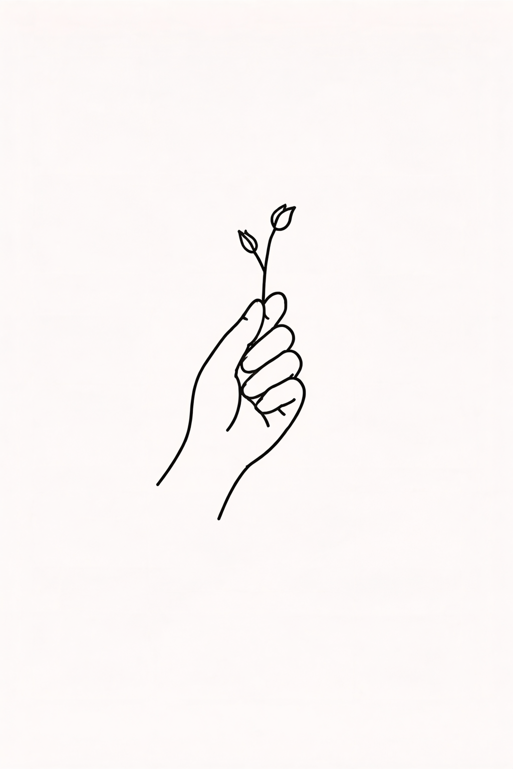 Line drawing of a hand holding a small stem with three tiny buds.