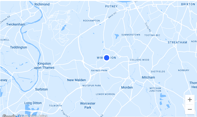 Map showing the location of Wimbledon, London,  England, with nearby towns in South West London labeled.