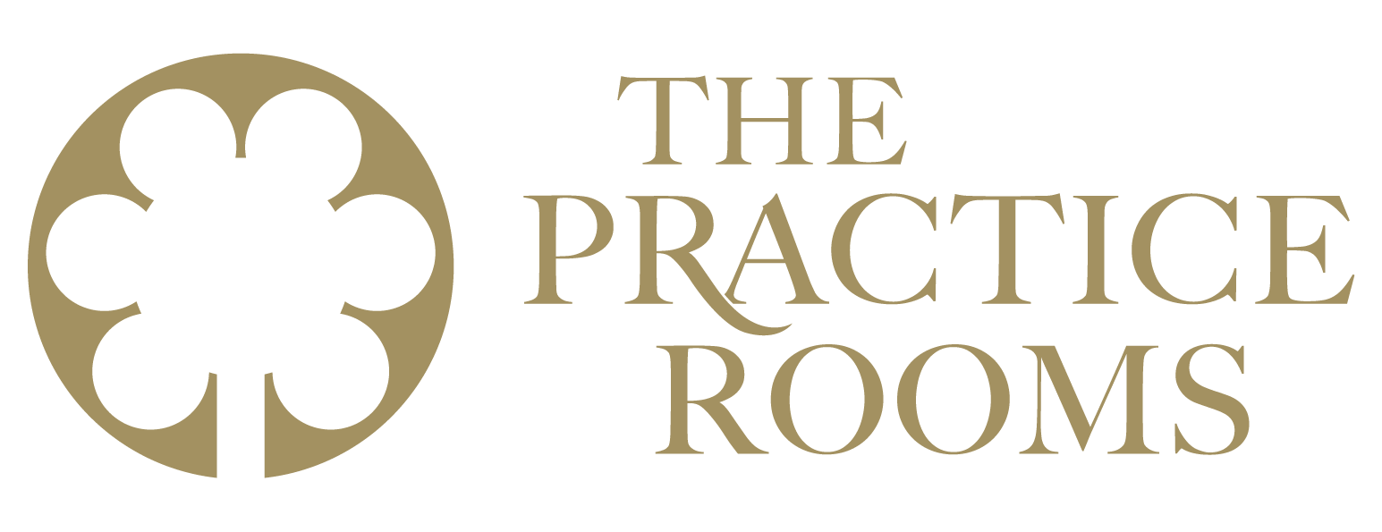 Logo with a stylized flower design and the words 'The Practice Rooms' in beige text.