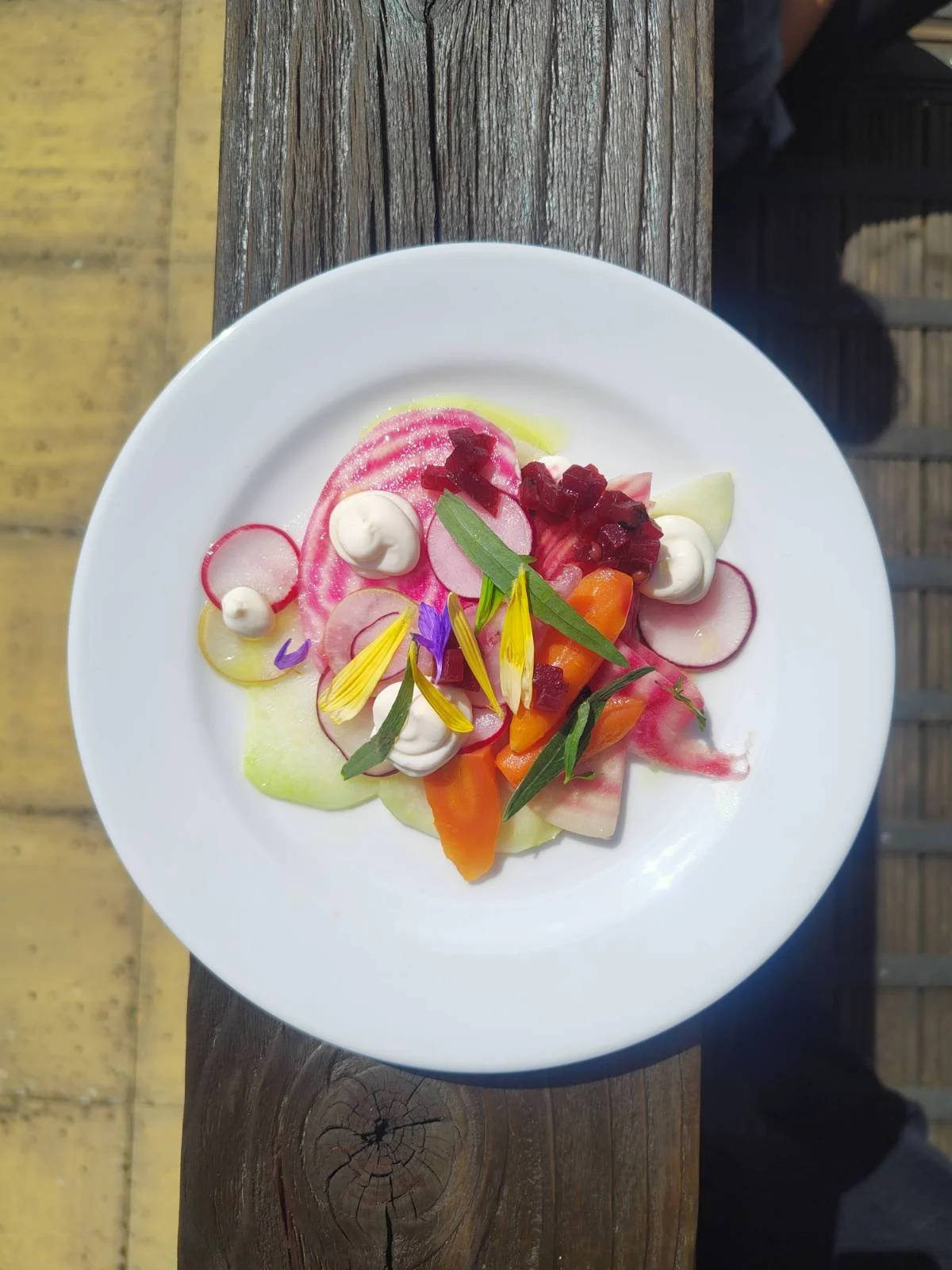A plate of colorful salad with slices of radish, orange carrots, beet cubes, dollops of white sauce, edible purple and yellow flower petals, and green herbs, served on a white plate on a rustic wooden table.