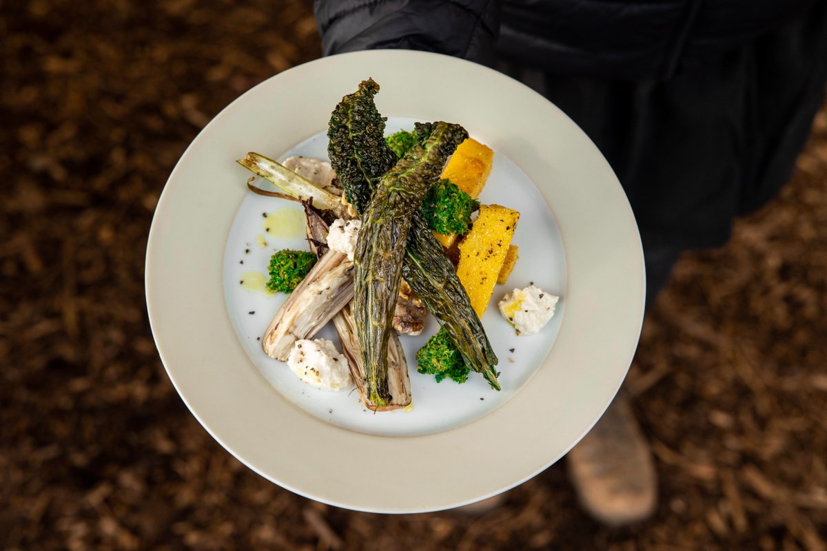 A white plate with roasted vegetables, including bitter melon, broccoli, and yellow squash, served with crumbled cheese and black pepper.