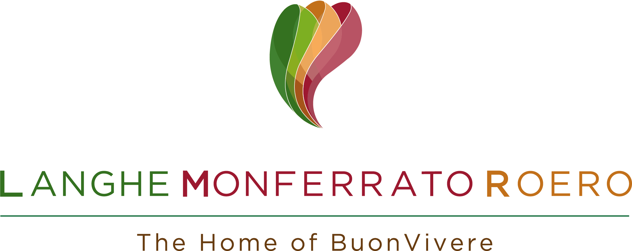 Logo con simbolo stilizzato di foglie colorate e testo 'LANGE MONFERRATO ROERO The Home of BuonVivere'.