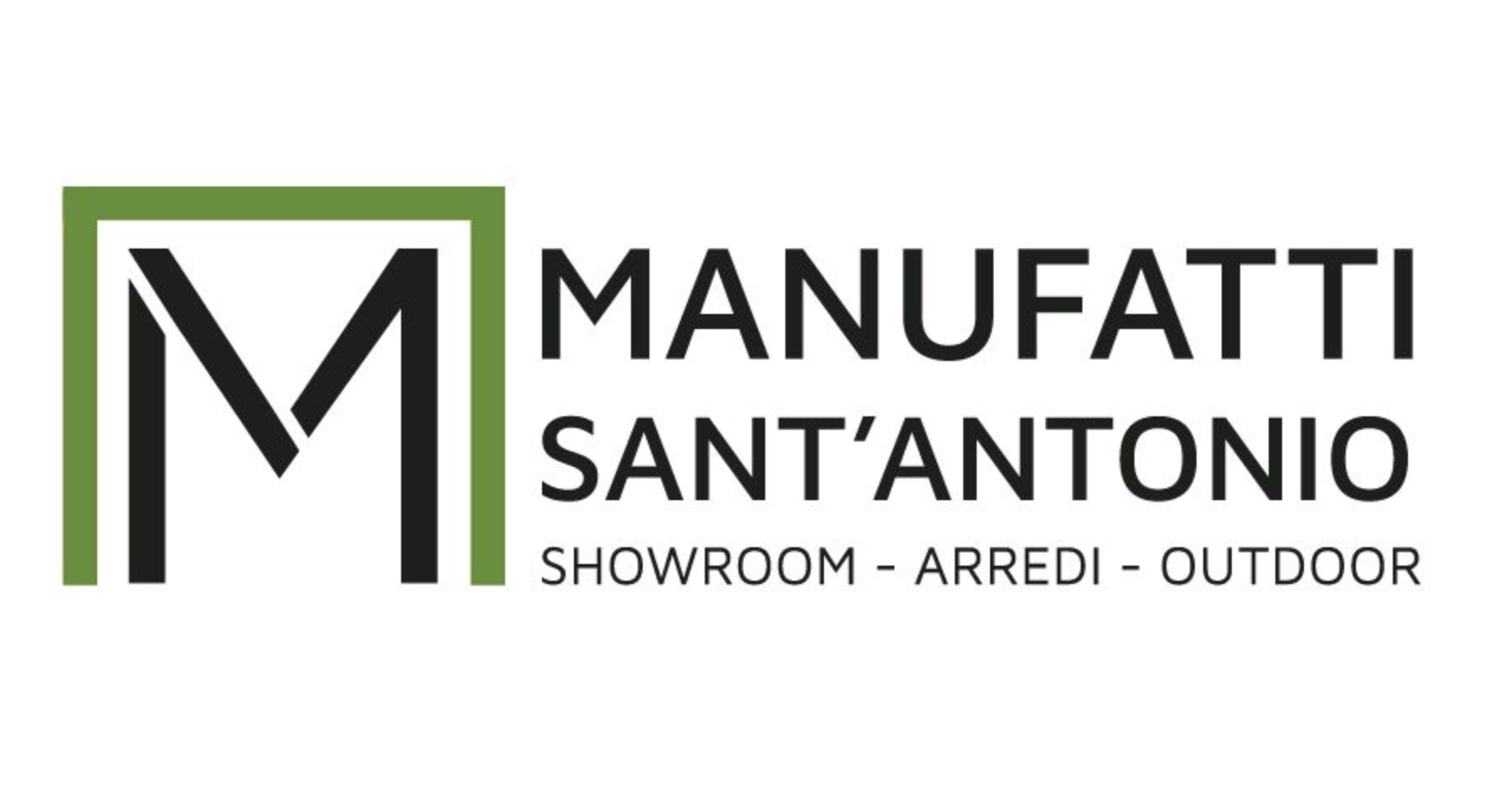 Logo con testo 'Manufatti Sant'Antonio, Showroom Arredi Outdoor', con un simbolo stilizzato di una 'M' e una 'A' in nero, racchiuse in un riquadro con bordo verde.