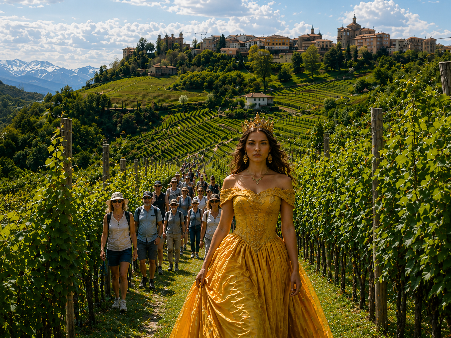 Una donna in abito dorato e corona che cammina attraverso un vigneto, seguita da un gruppo di persone, con un paesaggio di colline verdeggianti e case in lontananza sotto un cielo nuvoloso.