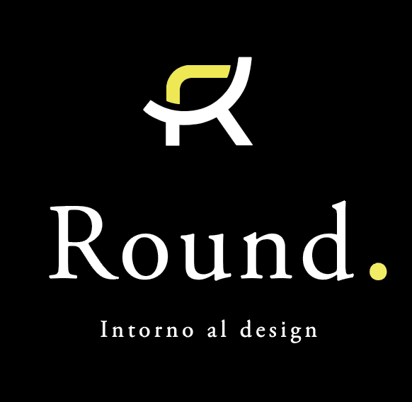 Logo con forma di S stilizzata in giallo e bianco sopra la parola 'Round' e la frase 'Intorno al design' su sfondo nero.