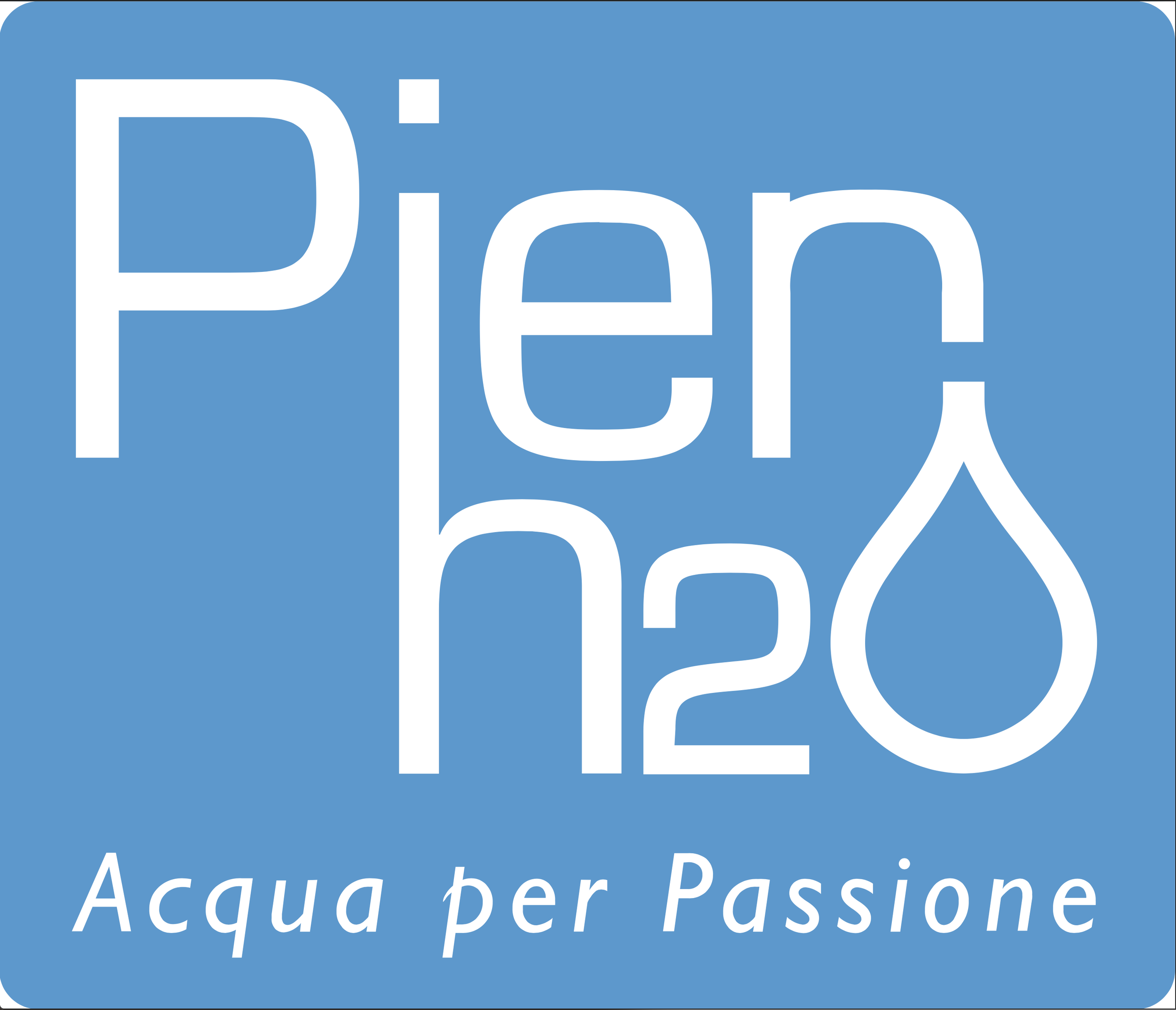Logo di Pièra con testo bianco su sfondo blu: 'Pièra' e sotto 'Acqua per Passione'.