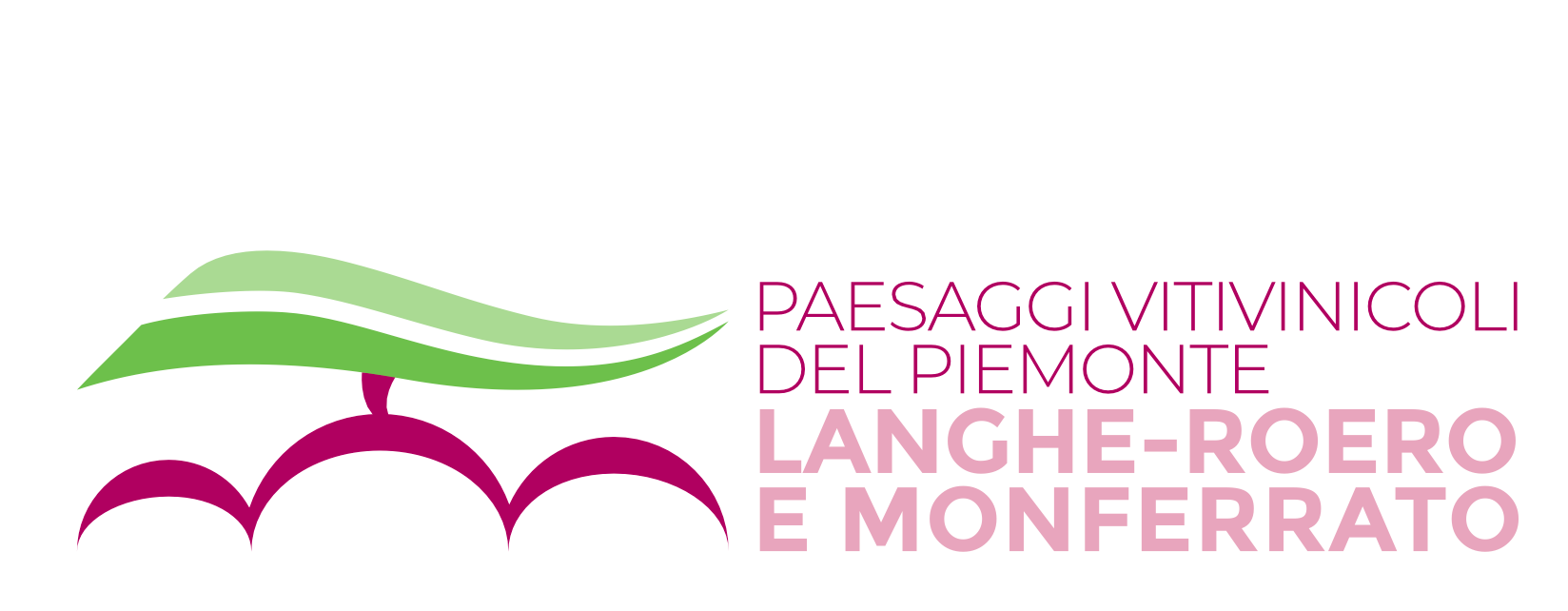 Logo che raffigura uno stile stilizzato di vigneto con foglie verdi e filari di uva violetto, accompagnato dal testo: "Paesaggi vitivinicoli del Piemonte Langa-Roero e Monferrato".