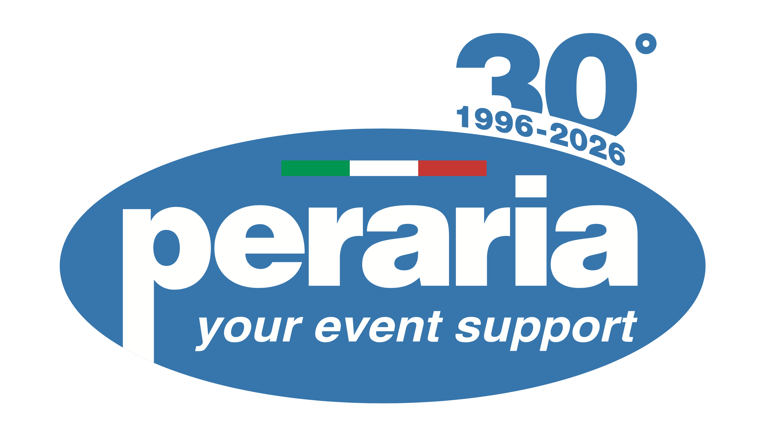 Logo di Peraria con la scritta 'your event support' e la scritta '30° 1996-2026' con bandiera italiana sopra