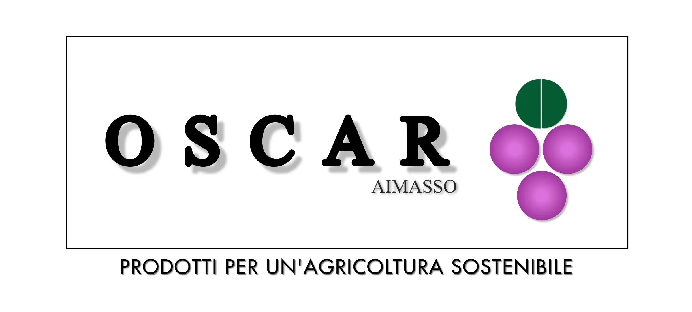 Logo con il nome 'Oscar Aimasso' e un grappolo d'uva stilizzato verde e viola, con scritto 'Prodotti per un'agricoltura sostenibile'