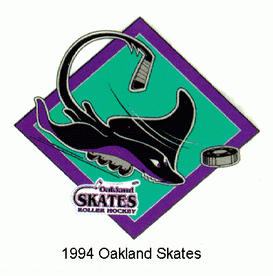 Logo for the 1994 Oakland Skates roller hockey team featuring a whale wearing a headset, with text and a roller hockey puck.