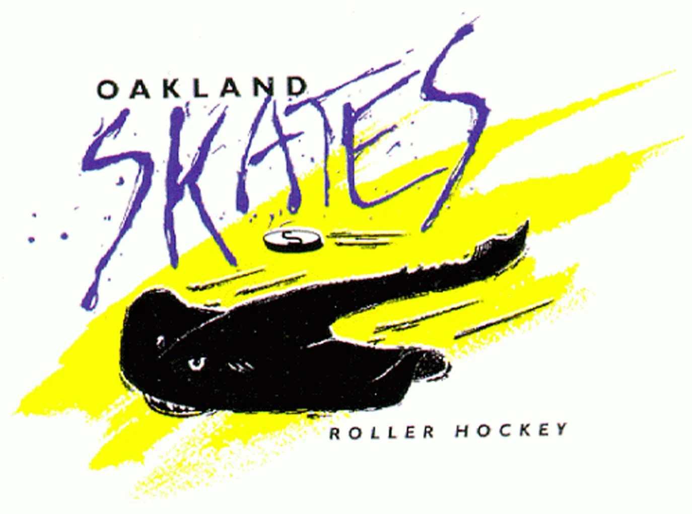 Logo for Oakland Skates roller hockey with a black shark on a yellow background and stylized purple text.
