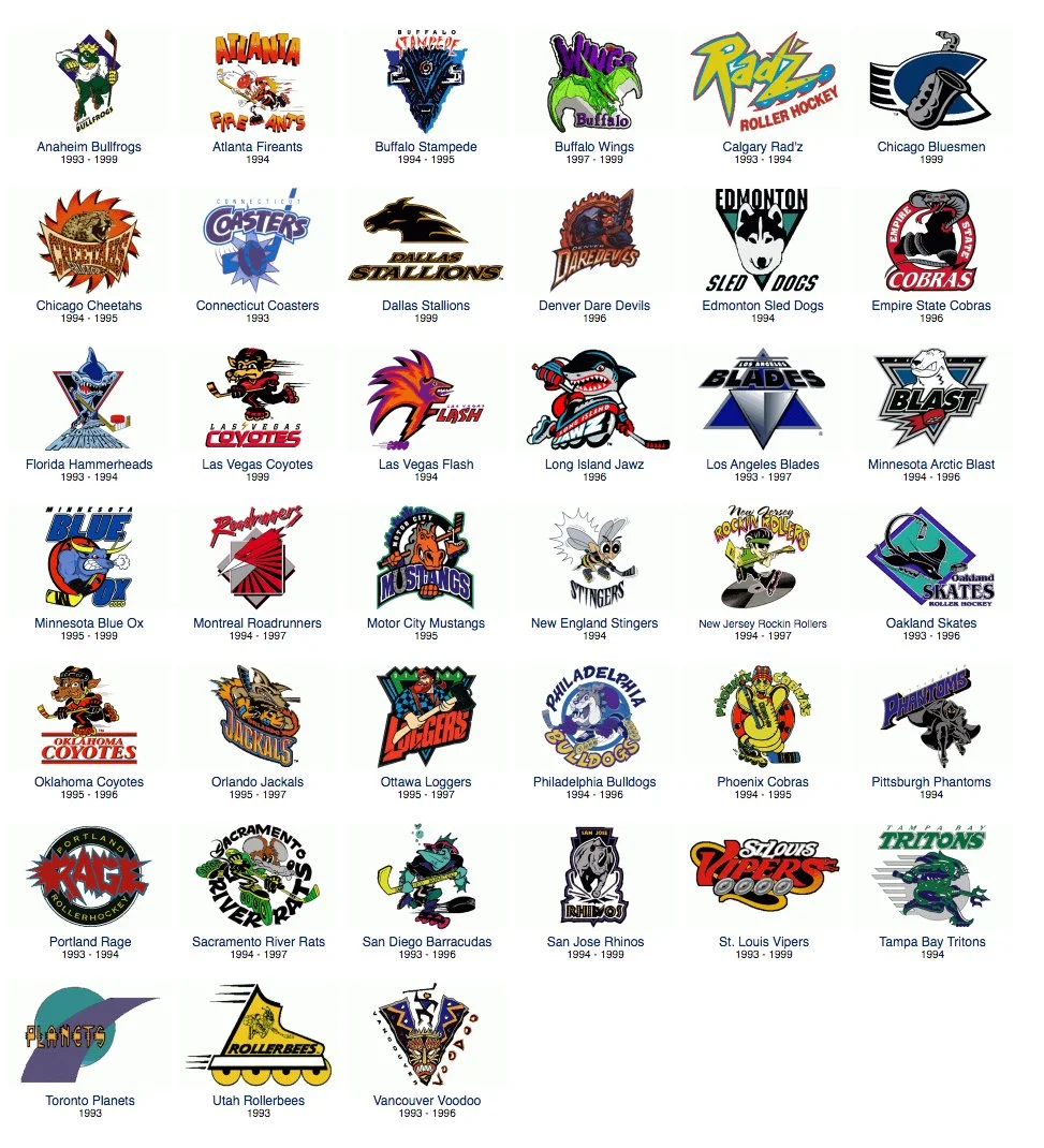 A collection of logos for various sports teams, including hockey teams, with names and years of operation listed underneath each logo.