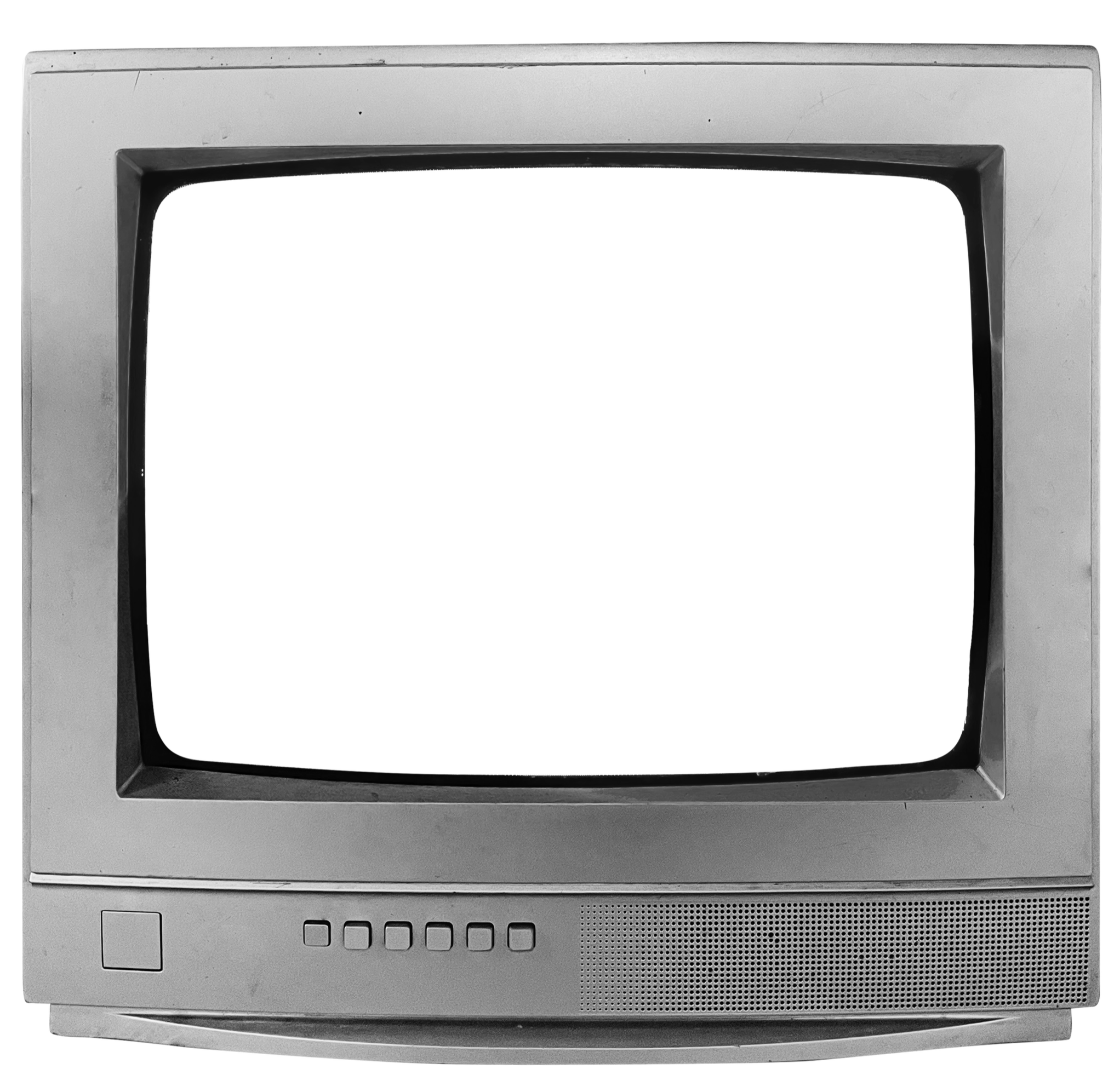 Black-and-white photo of an old-fashioned CRT television set with control buttons on the front and a speaker grille on the lower right.