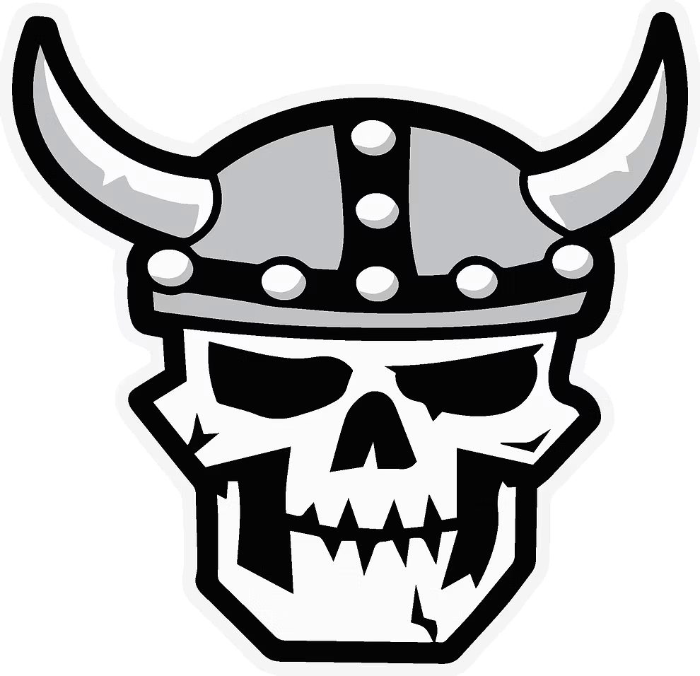 Black and white skull wearing a Viking helmet with horns.