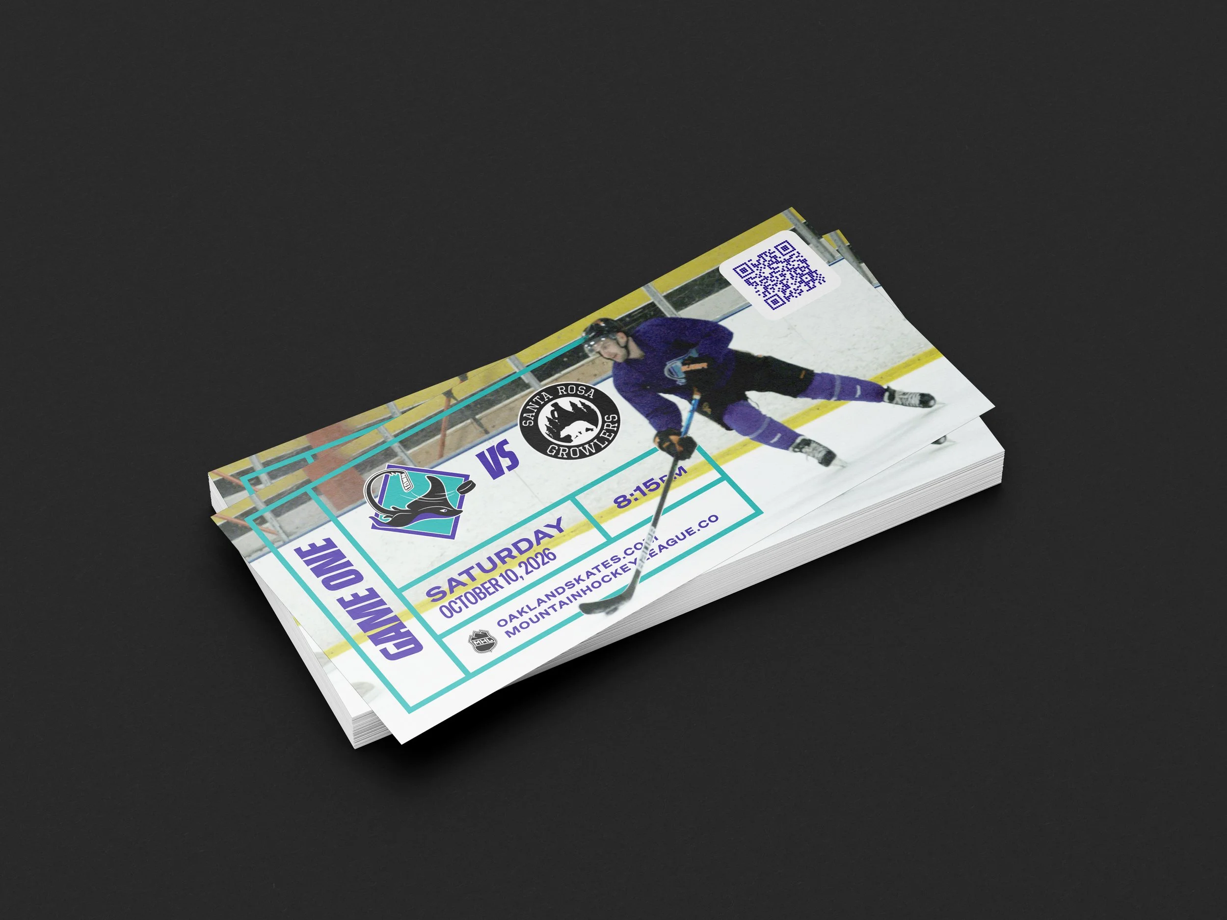 Hockey game ticket for a match between two teams, with a player in purple gear on ice, an NHL logo, and event details including date, time, and location, displayed on a black surface.