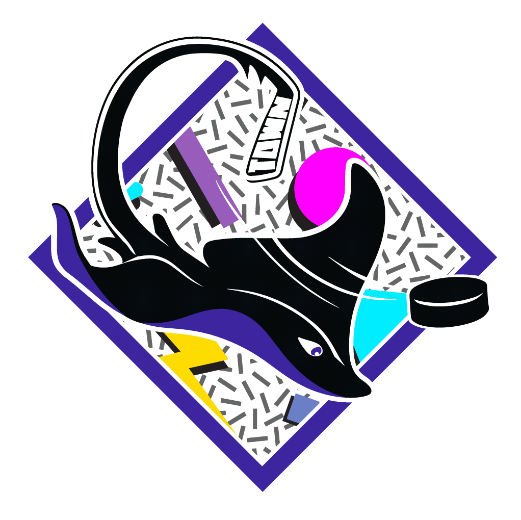 An illustrated hand holding a black flashlight, a pink ball, and a blue face mask, with a black and white fish beneath and a yellow lightning bolt on a purple-bordered background.