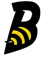 Stylized black and yellow letter B with wireless signal icon