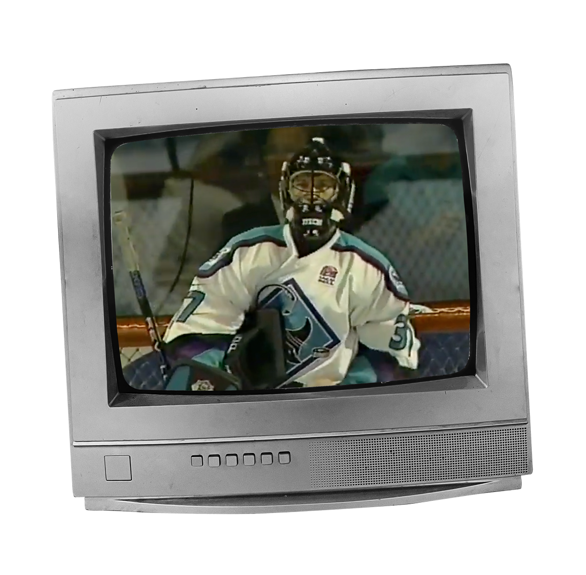 A vintage television screen showing a hockey goalie in a white uniform and helmet, standing in front of the net during a game.