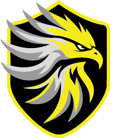 A stylized eagle's head in yellow, gray, and black colors, inside a shield-shaped outline.