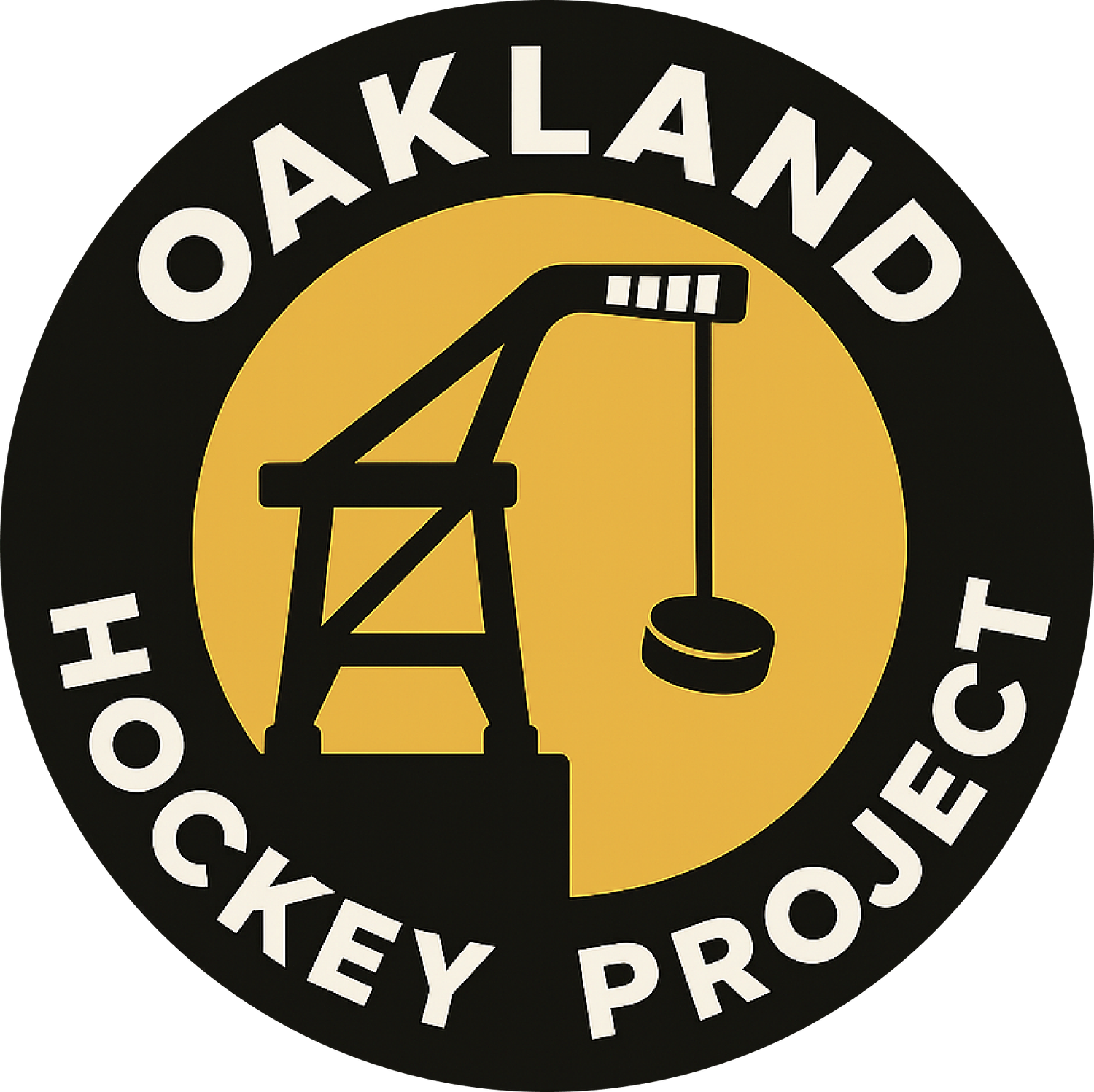 A circular logo with a black background and yellow center featuring a black oil derrick with a hanging oil bucket. The text around the circle reads 'OAKLAND HOCKEY PROJECT' in white capital letters.
