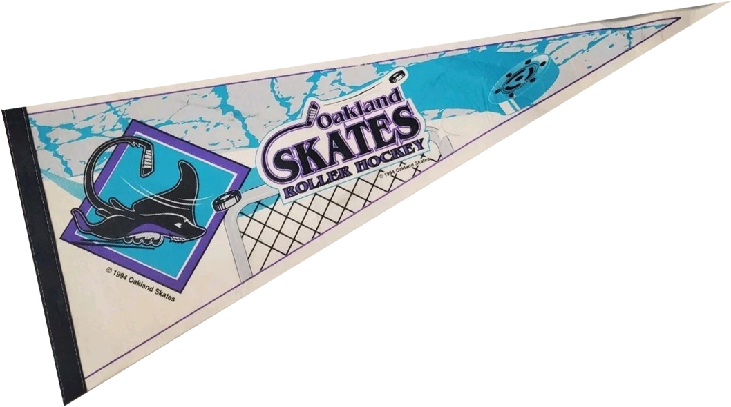 A triangular banner for Oakland Skates roller hockey with a logo of a black shark and a hockey stick, and a hockey puck on a blue background.