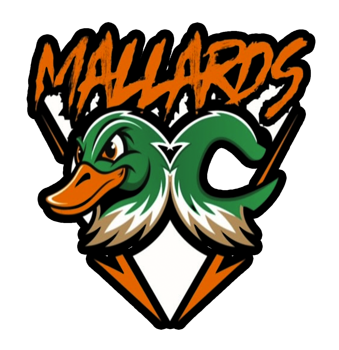 Logo with a cartoon duck's head and the text 'Mallards' in orange, with green, white, and brown feathers, on a black background.