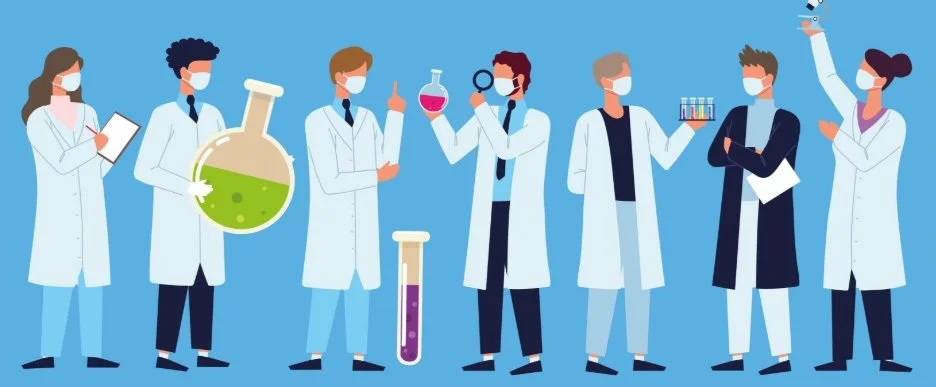 Group of scientists in lab coats wearing face masks conducting experiments with lab equipment and chemicals.