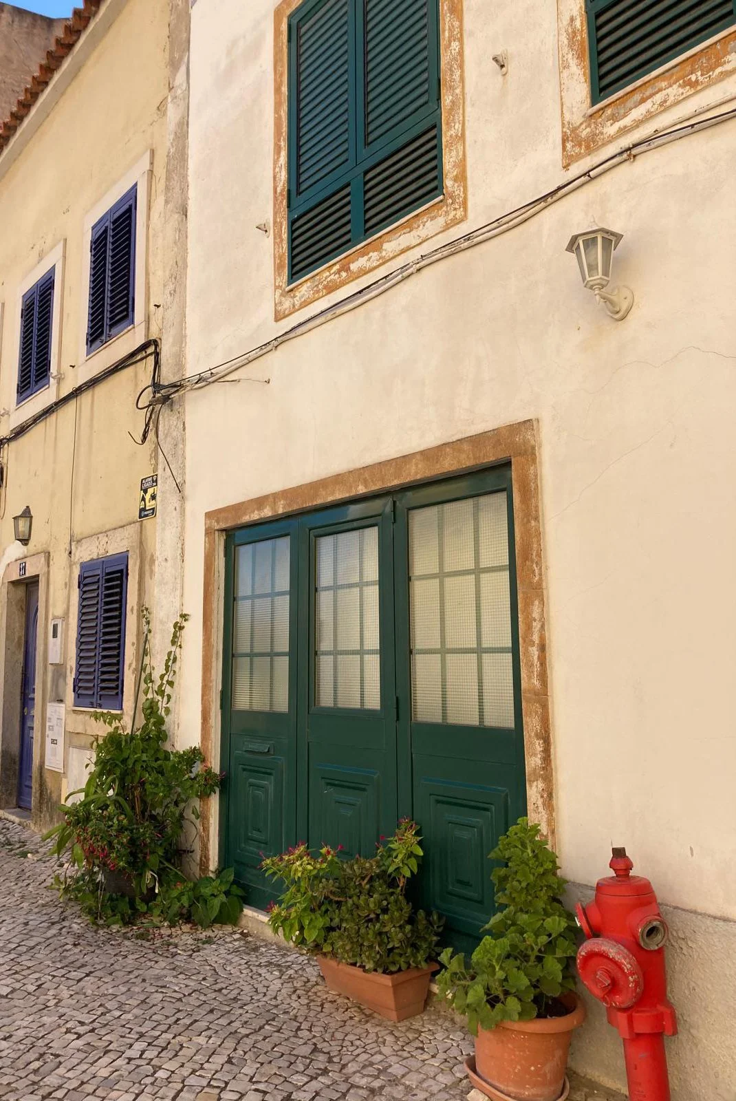 Building with cream-colored walls, green shutters, and potted plants by the entrance. A red fire hydrant is also visible on the street.