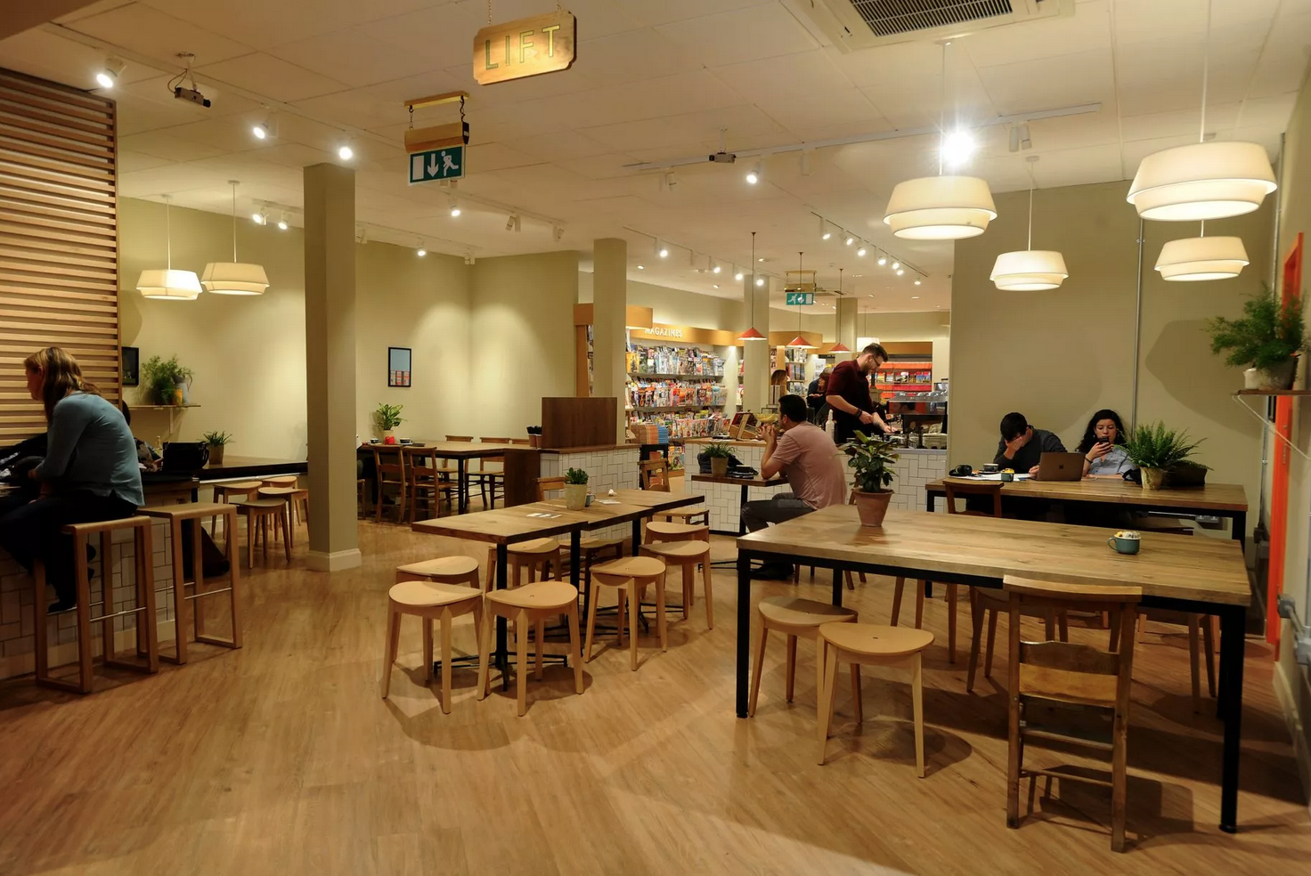 Interior of a cozy coffee shop or bookstore with wooden tables and chairs, potted plants, warm lighting, and several people working or relaxing.
