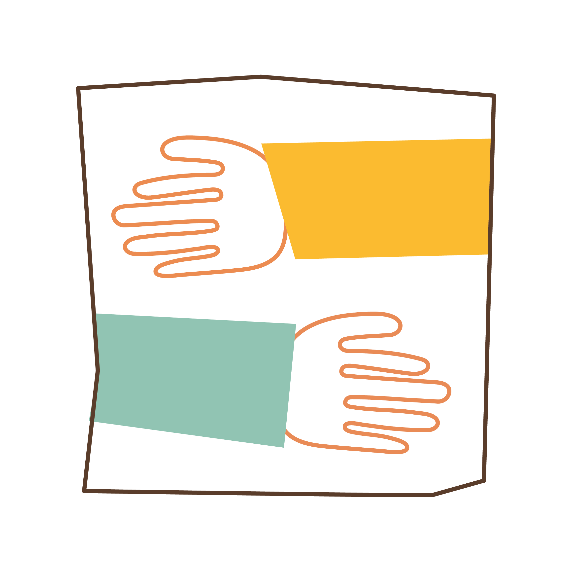 Abstract illustration of two hands reaching out from black background, one with a yellow sleeve and the other with a blue sleeve, outlined in peach.