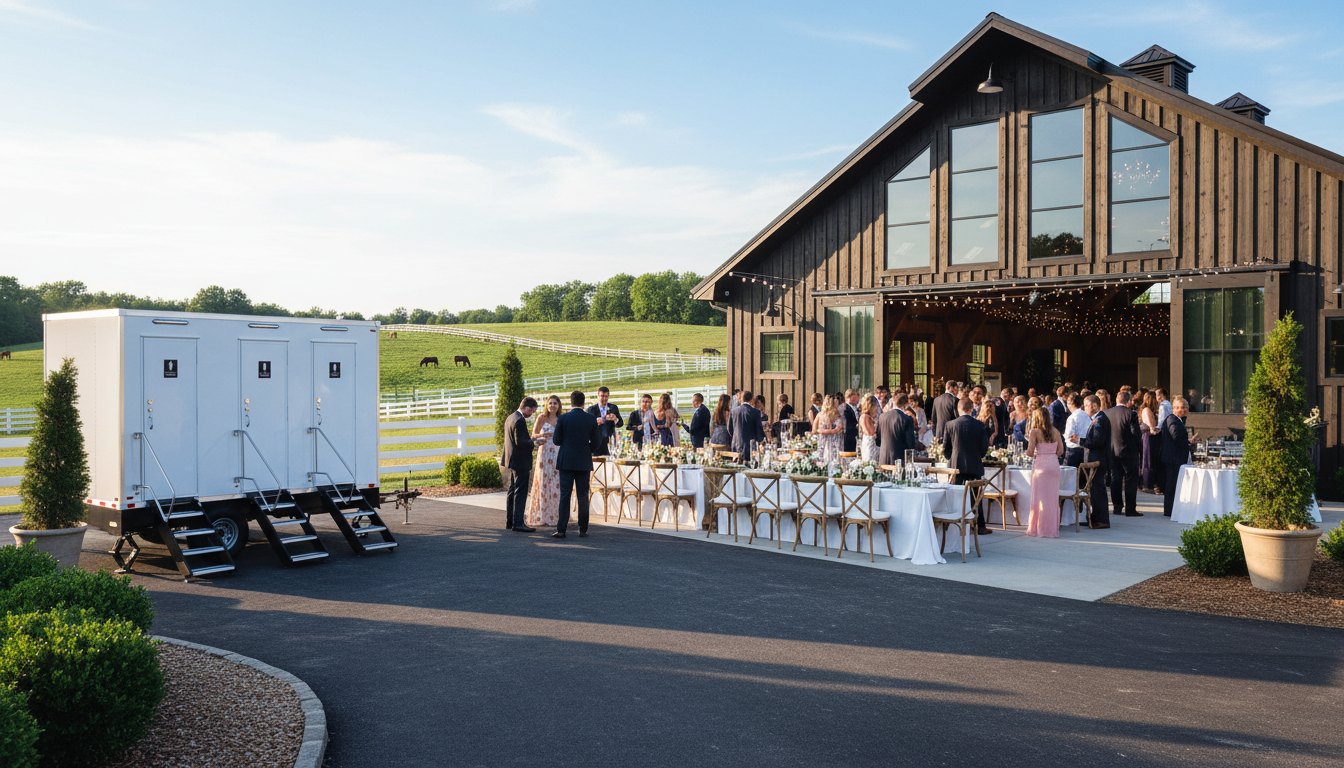 Luxury restroom trailer set up at an outdoor wedding near Owensboro Kentucky serving Evansville Indiana and surrounding areas