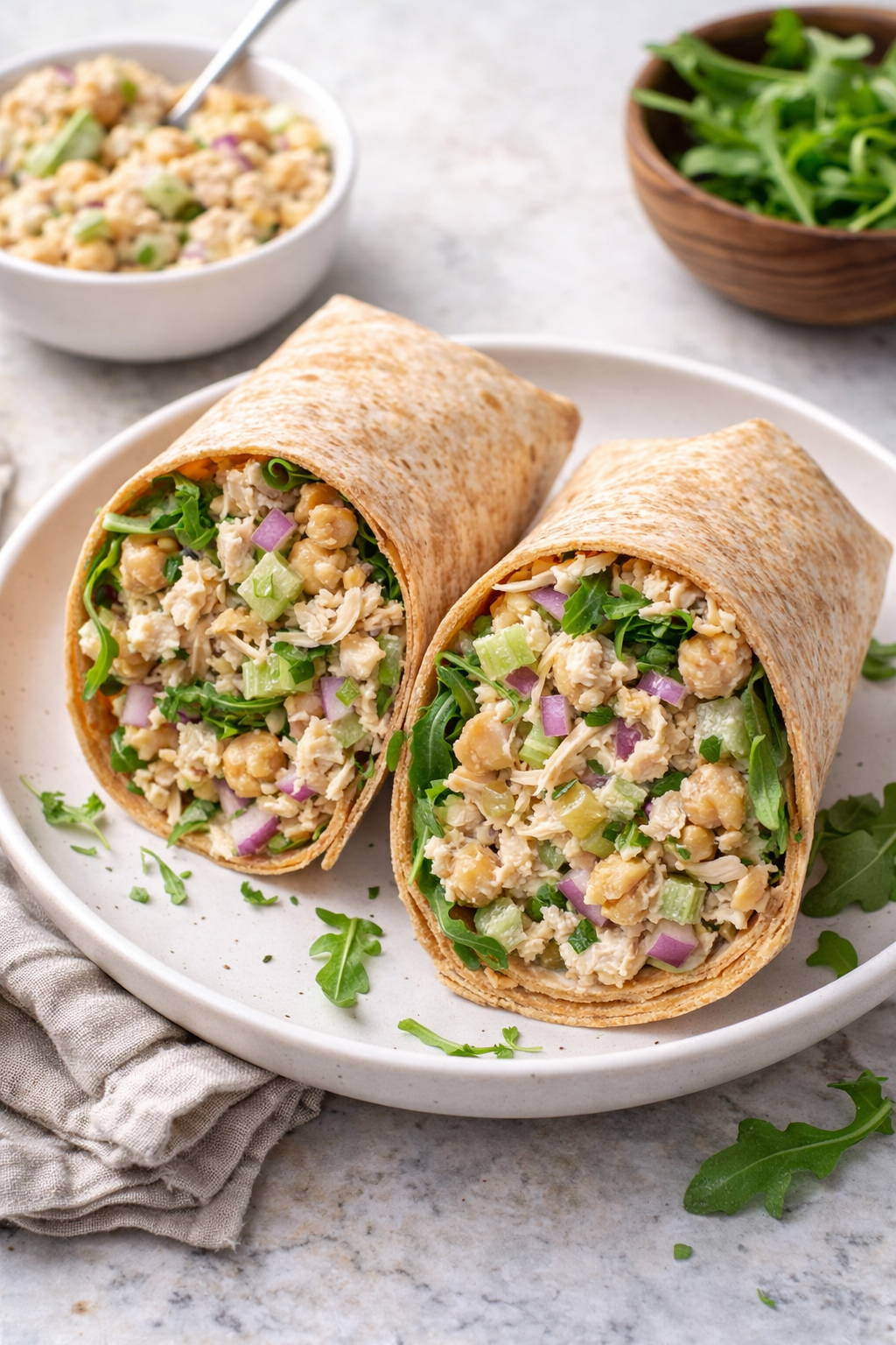 High Protein Chickpea Chicken Salad Wraps
