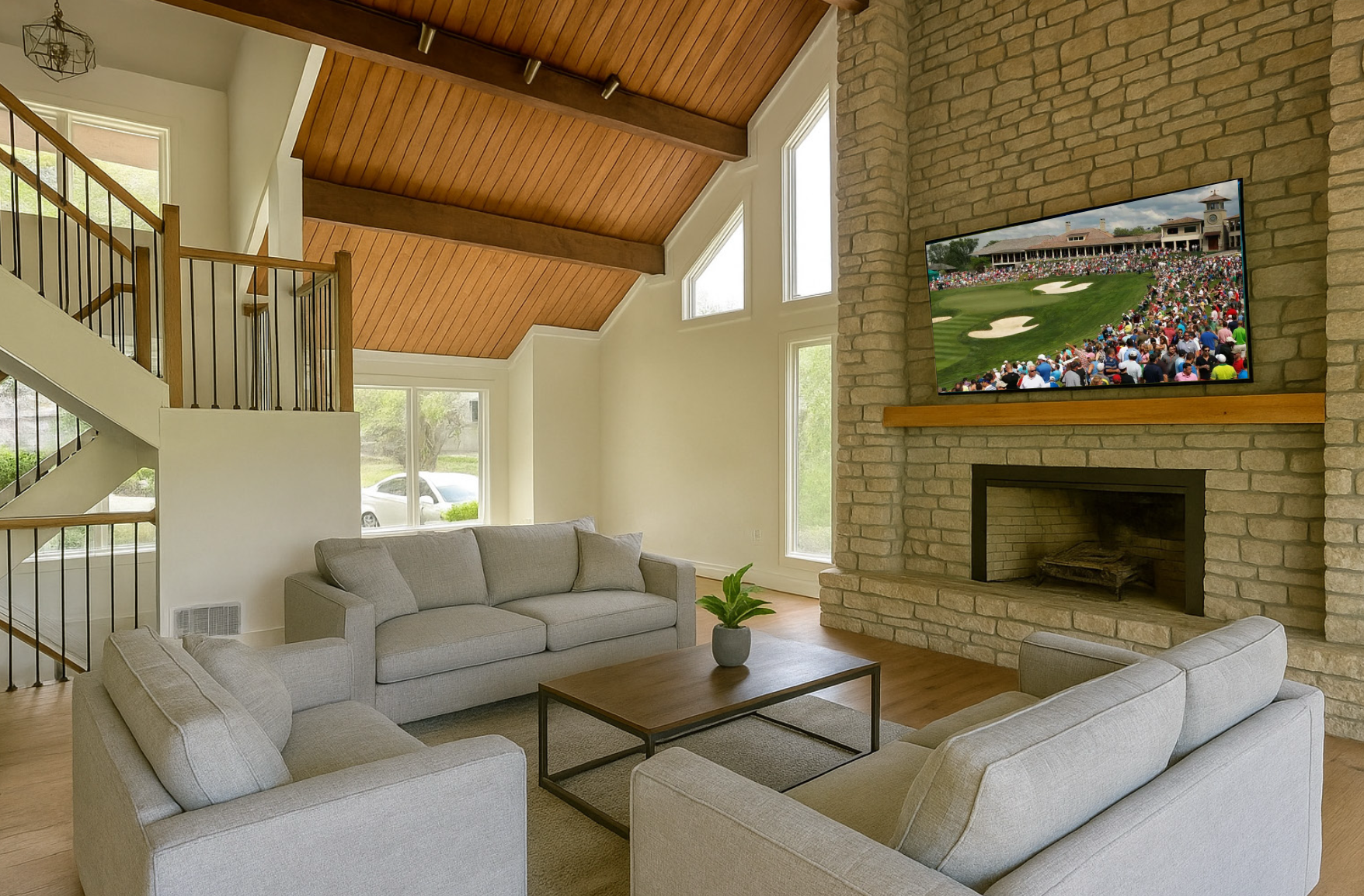 Living room with beige sofas, wooden coffee table with potted plant, stone fireplace, wall-mounted TV showing a golf course, large windows, and a wooden ceiling.