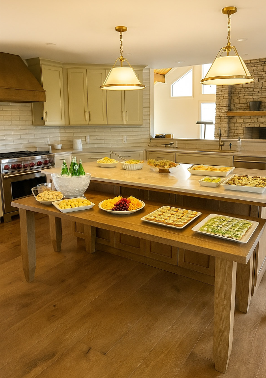 Kitchen with a wooden table displaying snacks, two hanging pendant lights, and cabinetry in the background.