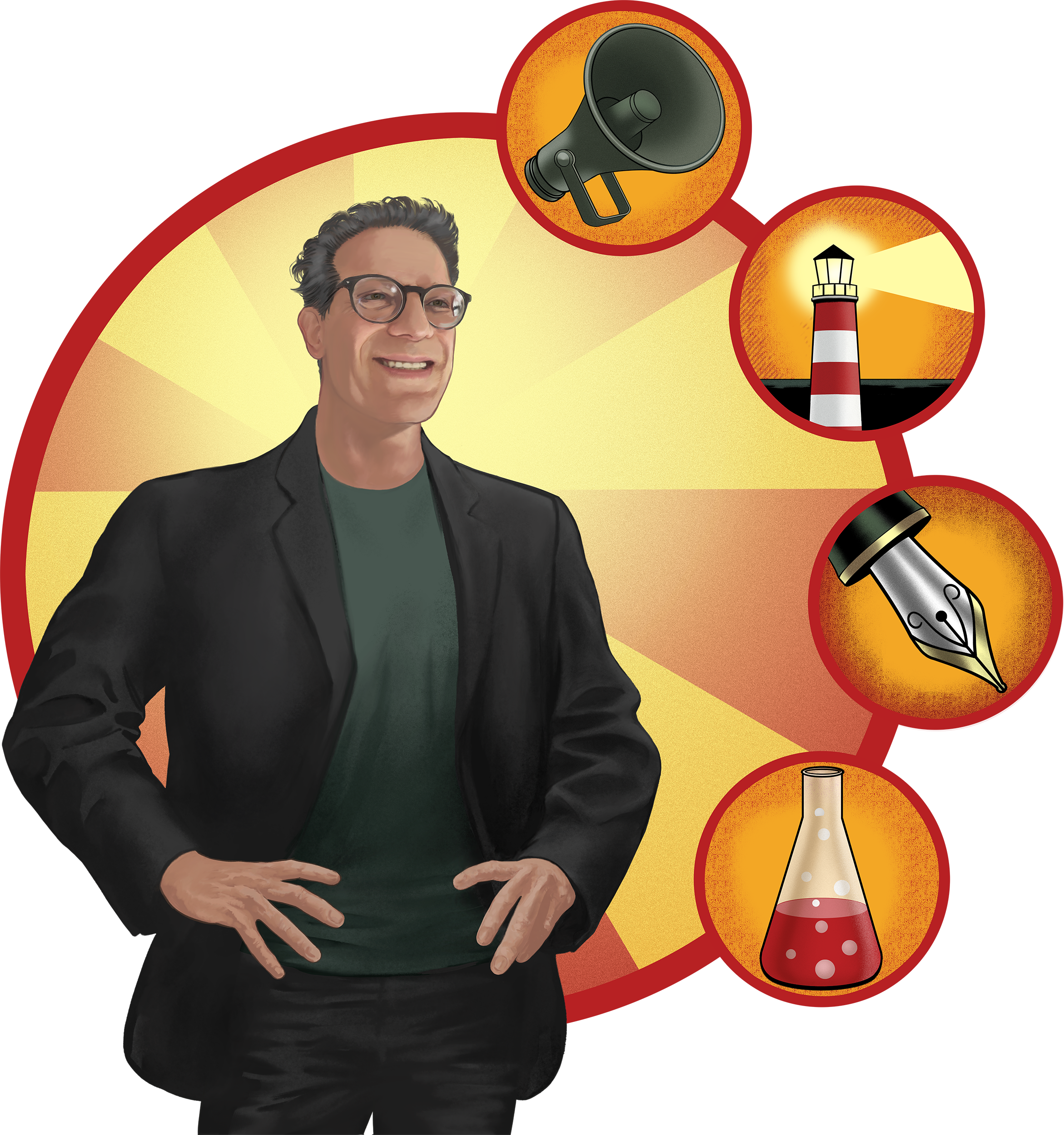A smiling man wearing glasses and a black blazer stands in front of a colorful background featuring a megaphone, lighthouse, test tubes, and a fountain pen.