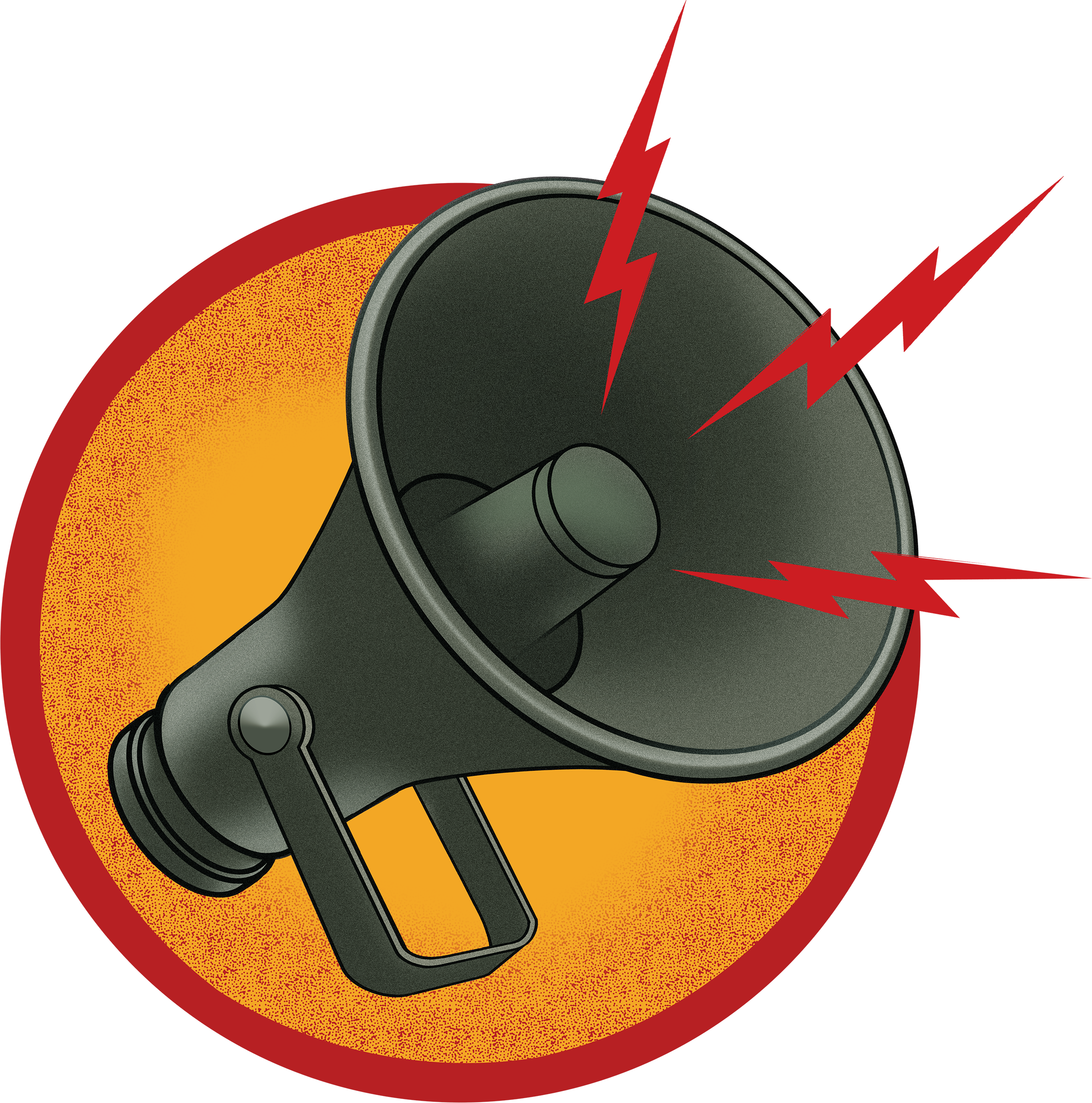 Close-up illustration of a black speaker with red lightning bolt symbols and an orange background.