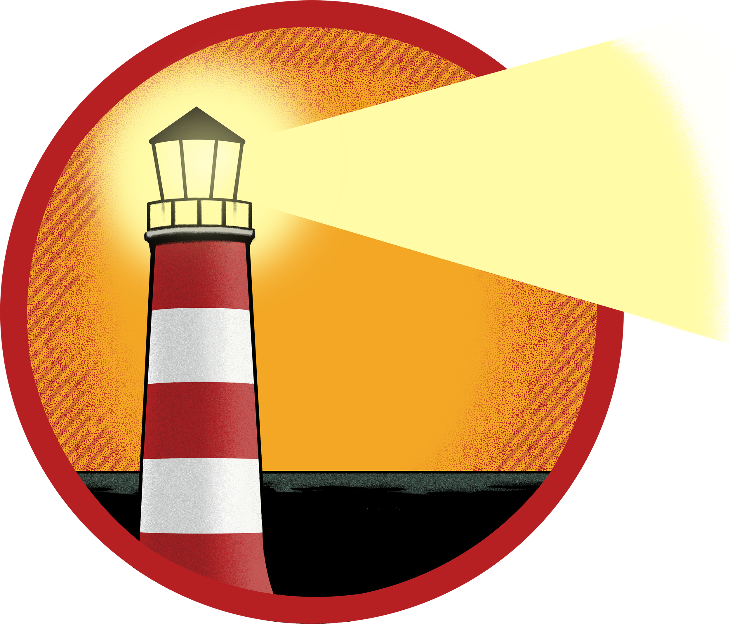 A stylized illustration of a lighthouse emitting a bright yellow light, set against a circular background with vibrant orange, red, black, and green gradient accents.