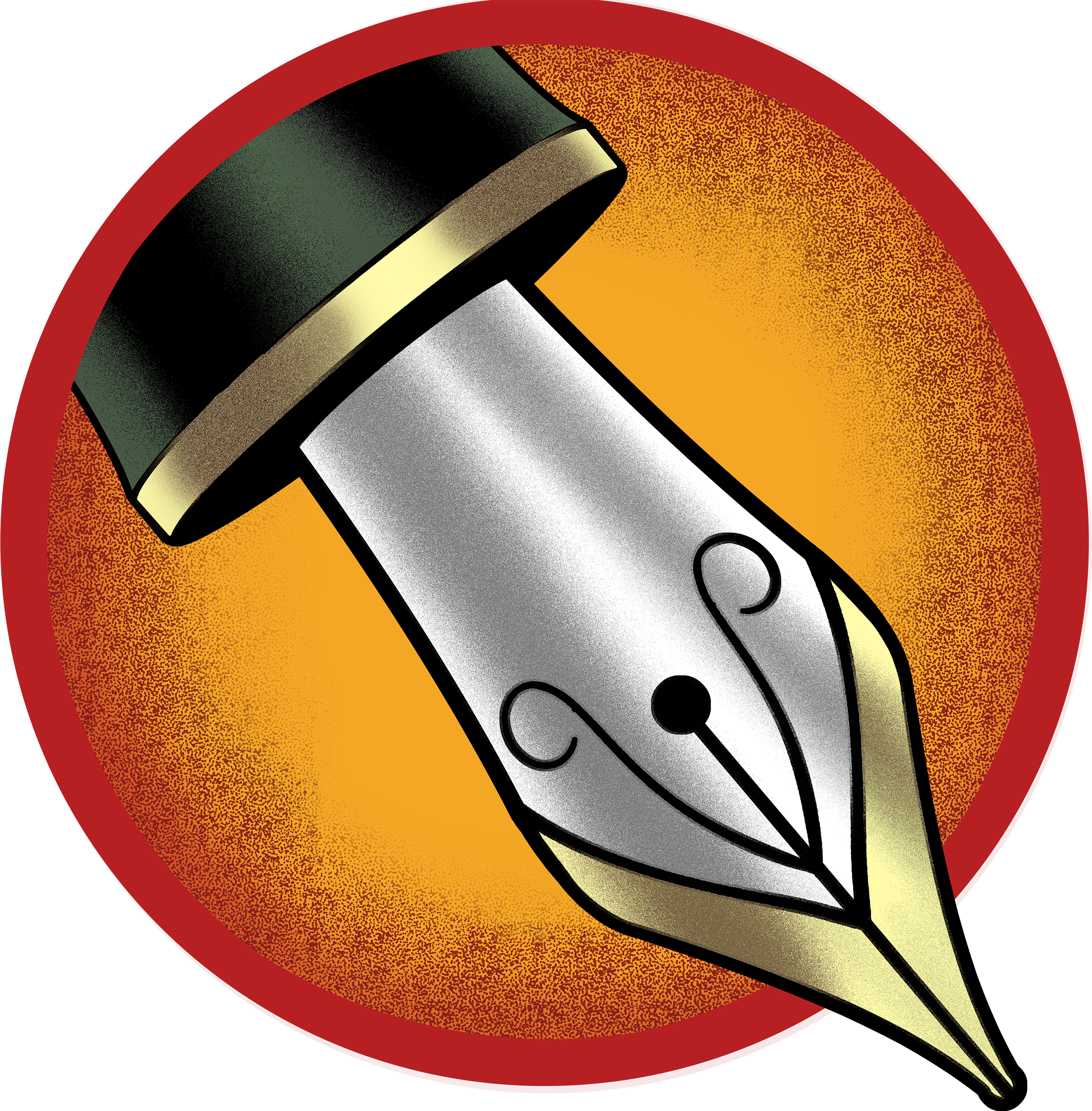 Close-up of a digital illustration featuring a barcode-style object with a metallic sheen, set against an orange and red textured circular background.