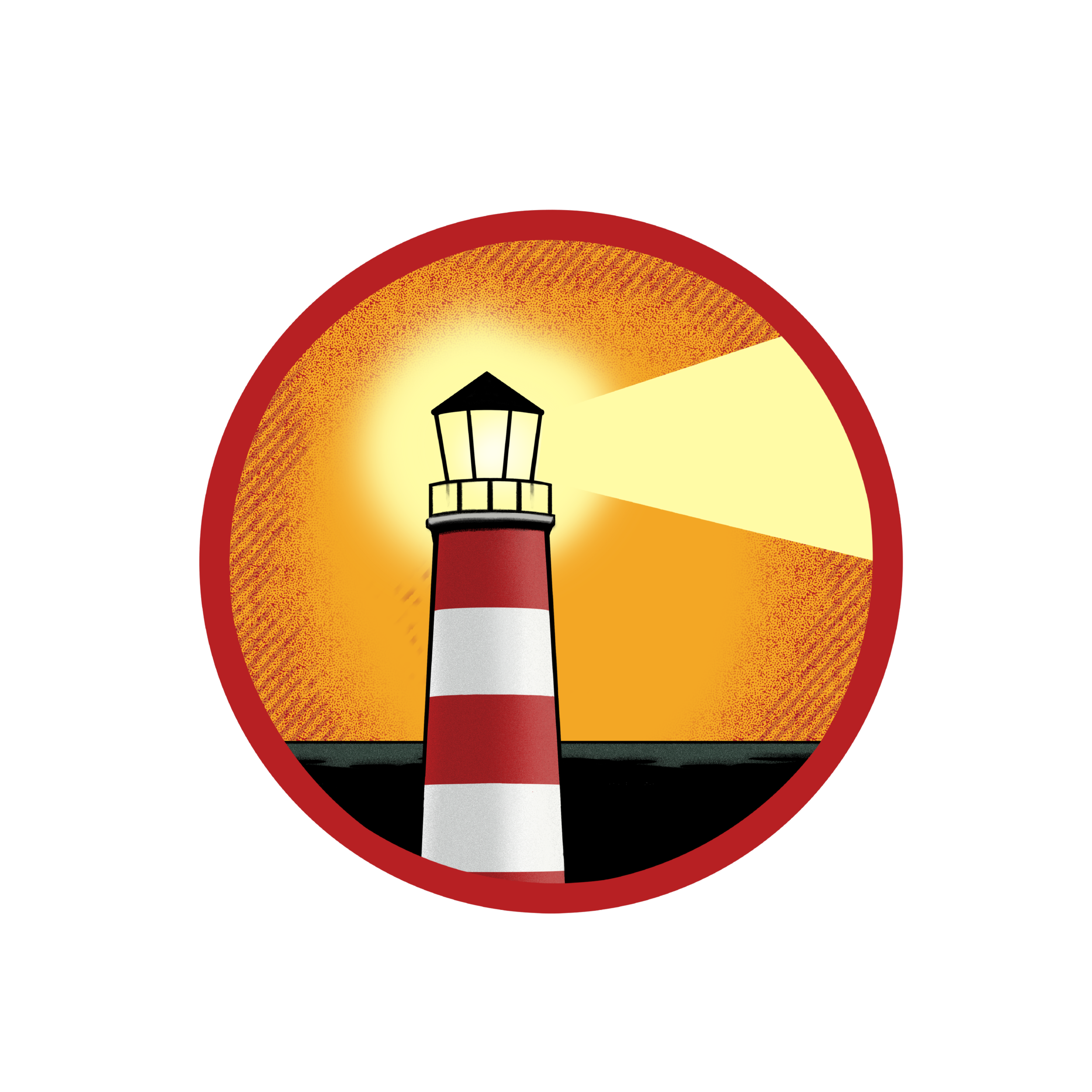 Close-up of a lighthouse illustration on a dark background with a red circular border and a sunburst pattern