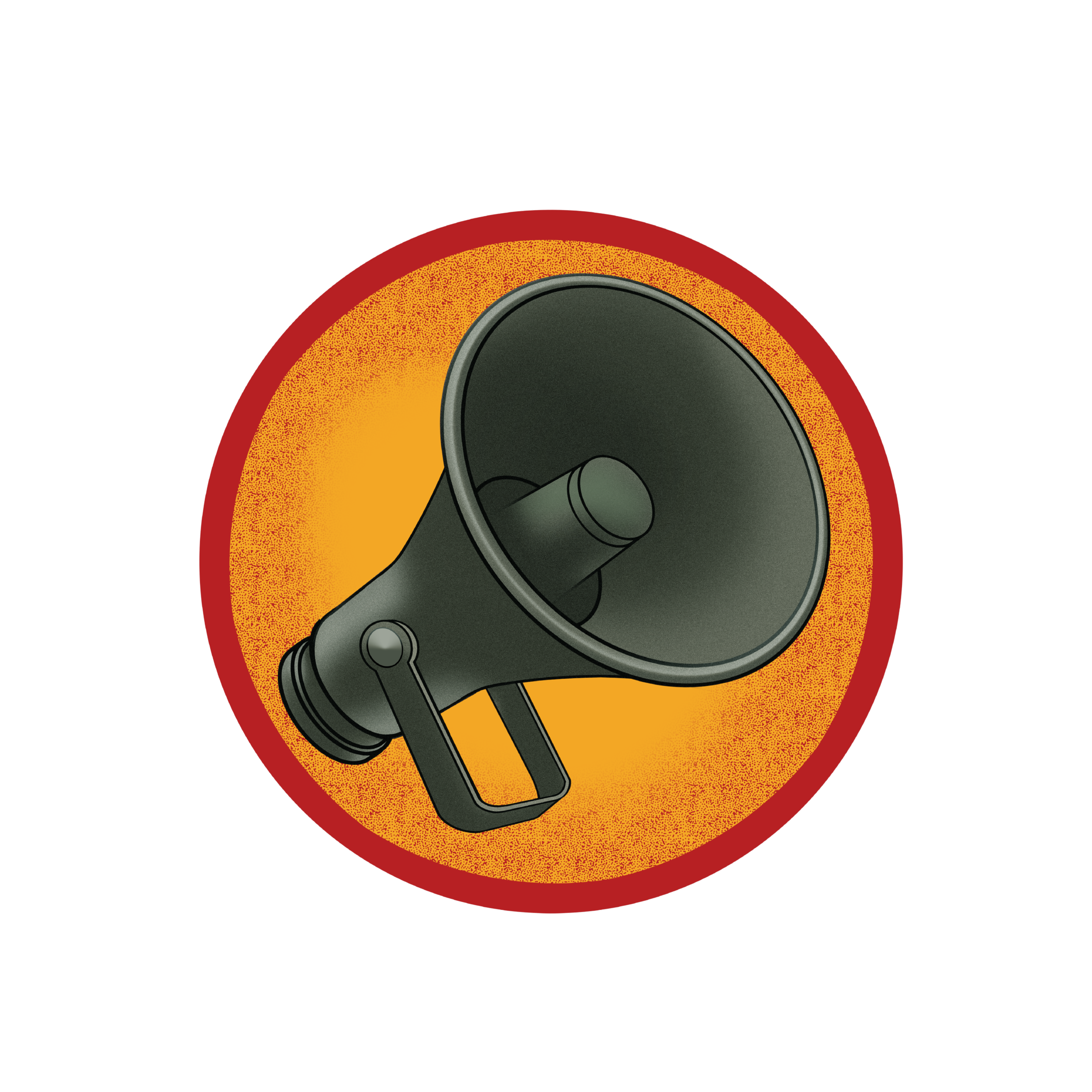 Close-up of a speaker cone surrounded by a red, yellow, and black background.