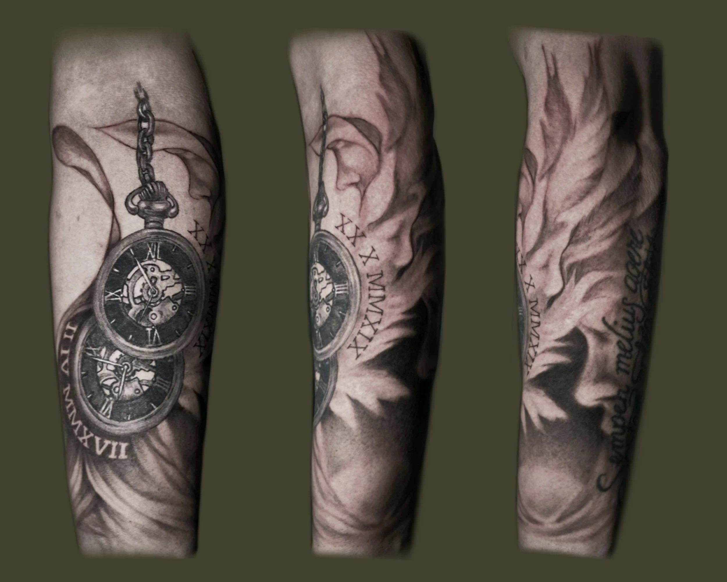 Freehand tatuointi jossa pareidolisia ihmishahmoja ja kaksi taskukelloa ketjulla