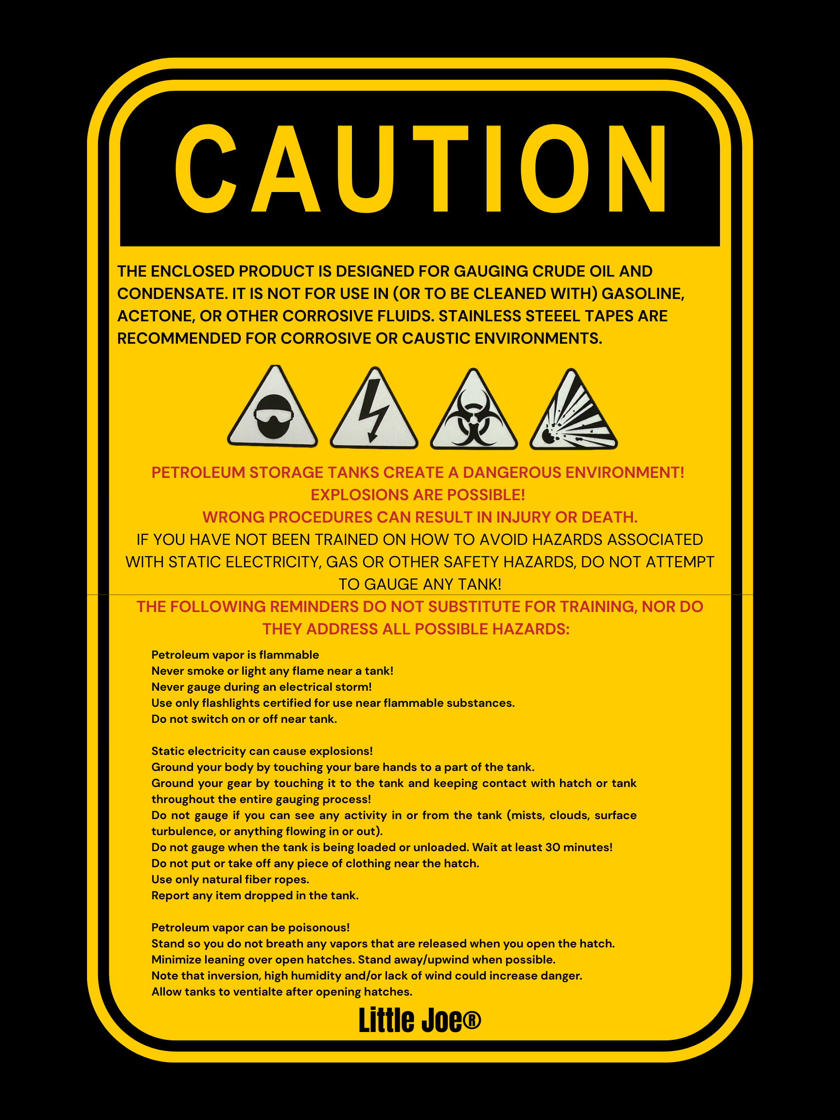 Yellow safety warning sign for petroleum storage tanks, warning of explosive, toxic, biohazard, and flammable hazards, with precautionary instructions and safety reminders.