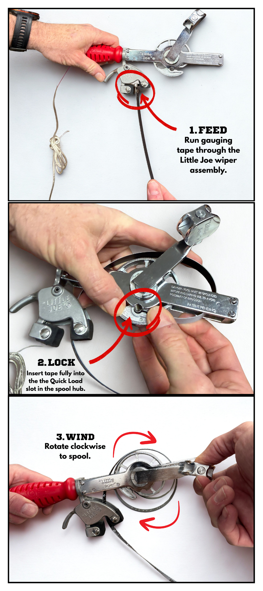 Step-by-step instructions for loading a wire into a Little Joe wiper assembly, including feeding tape through, locking it into the spool hub, and turning clockwise to wind the wire.
